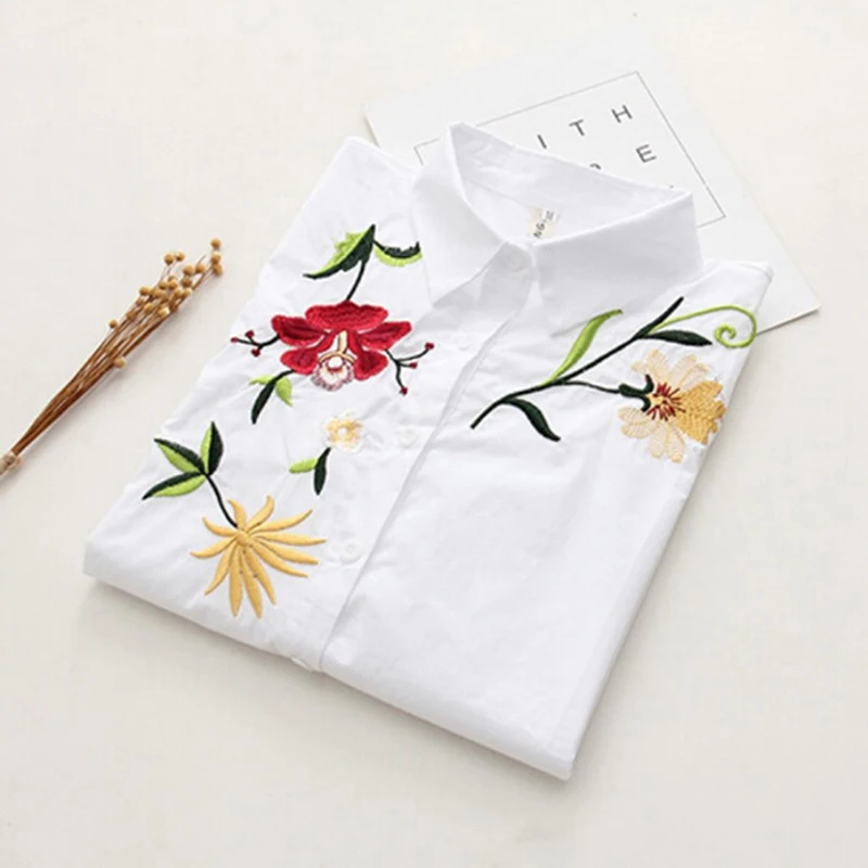 Fashion White Women Shirts Blouses Loose Long Sleeve Plus Size Flowers Embroidered Women