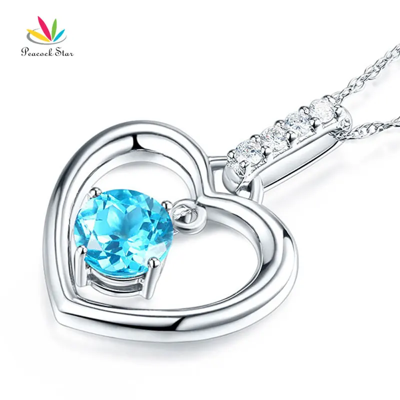 Павлин звезда прекрасно 14 К белого золота швейцарский голубой топаз кулон сердце Цепочки и ожерелья 0.04 ct diamond