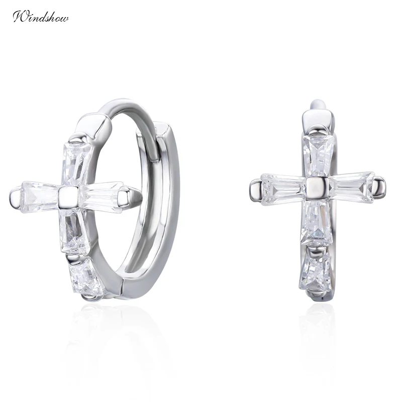 CZ Cross 925 Sterling Silver Circles Small Loops Huggies Hoop Earrings ...