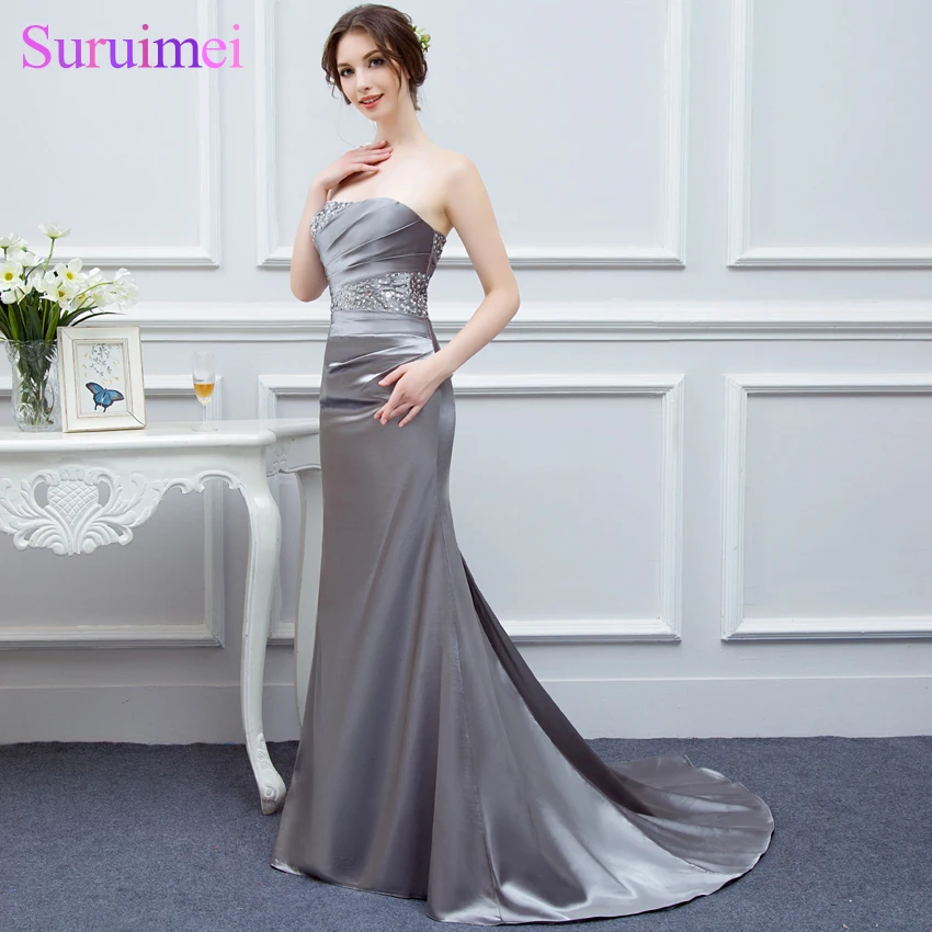 On Sale Send Fast Delivery Sweetheart Sleeveless Mermaid Silver Gray Prom Dresses Women Cheap Strapless Dress