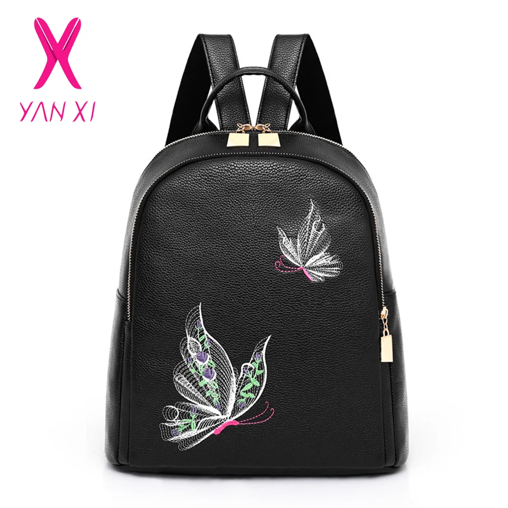 

YANXI PU Leather Backpack Women Butterfly Embroidery Backpacks for Teenagers Women's Travel Bags Mochilas Rucksack School Bags