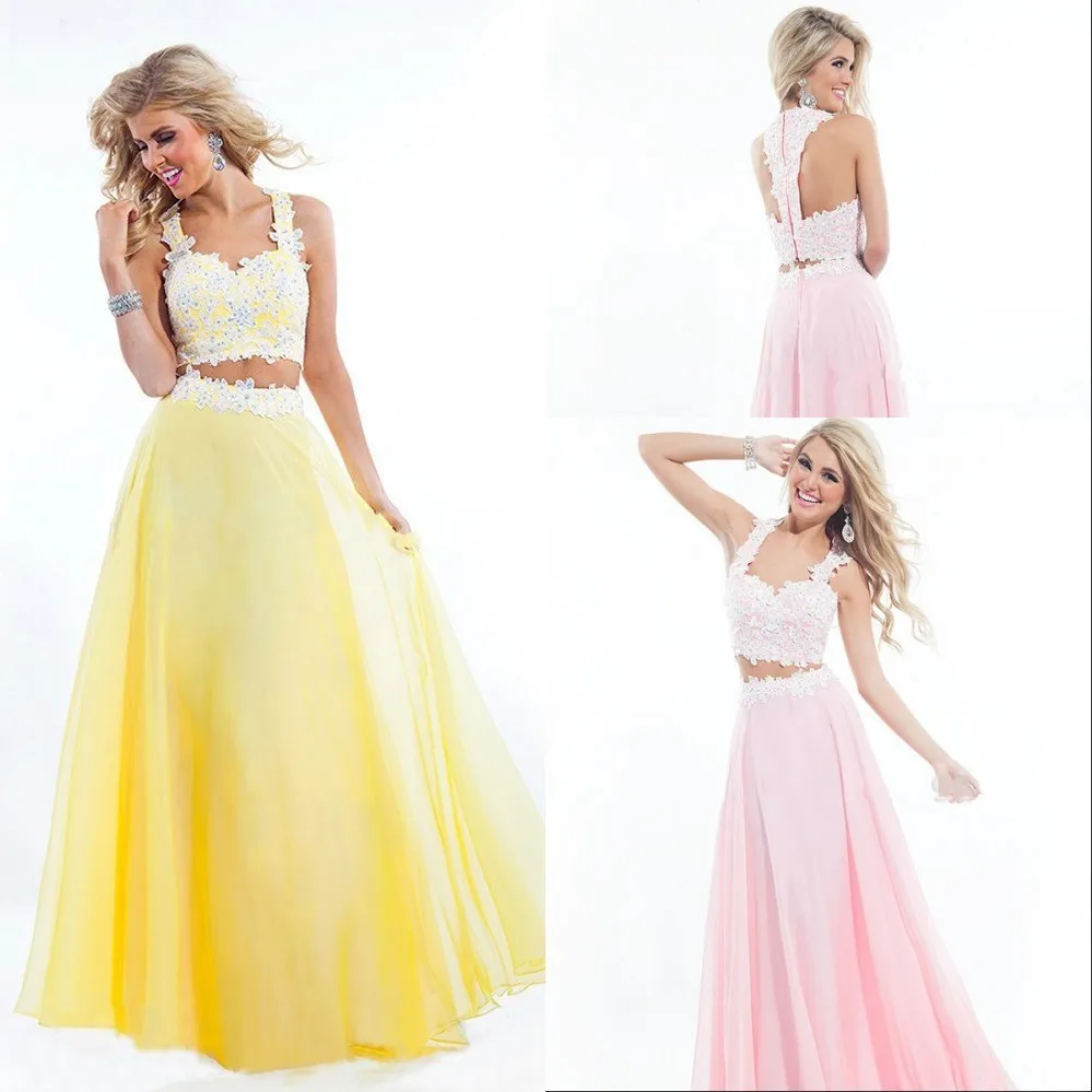 

Women's High Quality Gowns Chiffon Long Flowing V-neck Top Lace Light Pink Two Piece Prom Dress