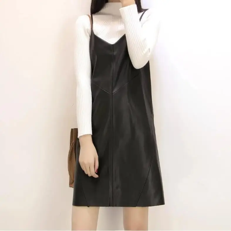 

Spring-summer elegant piquant sarafan Vintage Spaghetti strap retro PU Dresses Ladies Mini Artificial leather sling Vestidos