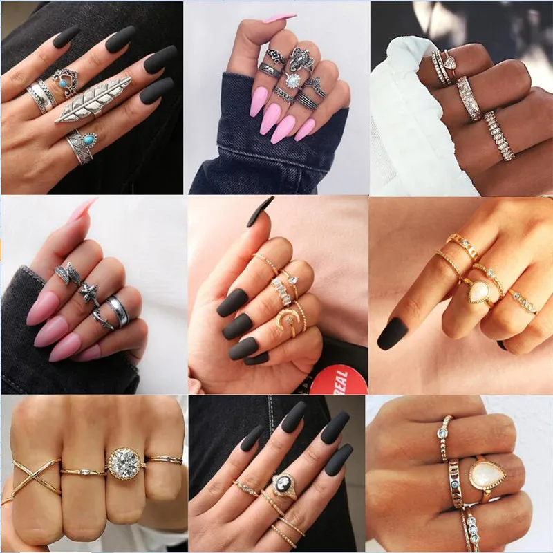 PAPPET Big Red Opal Stone Women Ring Set Jewelry Bohemian Boho Finger Knuckle Rings Vintage Beach Anillos Mujer Party Gift 7pc