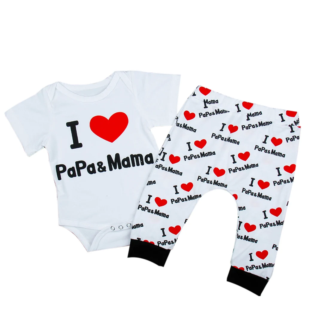 

I Love Papa Mama Baby Summer 2Pcs Newborn Clothes Long Sleeve Cotton Twins Boy And Girl Letter Romper Pants Costume
