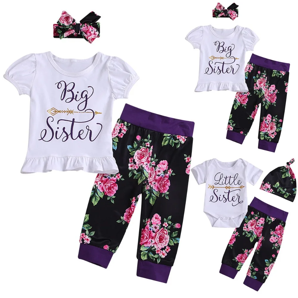 

Puseky Family Sister Matching Clothes Big Sister T-shirt Little Sister Bodysuit+Floral Stripe Pants Kid Baby Girl Outfit 3PCS