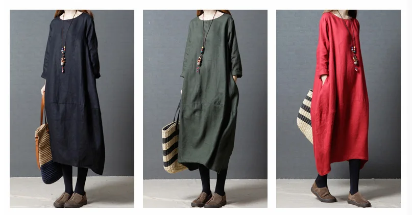 5007 Cotton Linen Dress Fabric Women Autumn Dress 2018 Plus Size Long Sleeve Oversize Casual Black Maternity Linen Dress Maxi Vintage 0