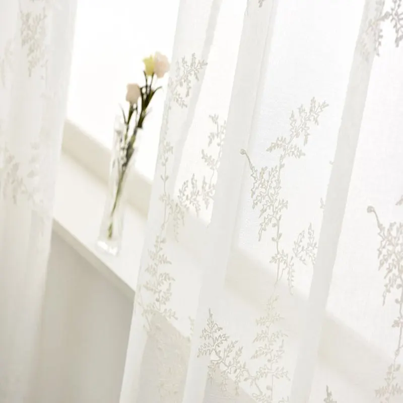 

Top Sale White Embroidered Brief Leaves Modern Cotton Linen Sheer Tulle Curtain for Kitchen Door Gauze Curtains for Bedroom