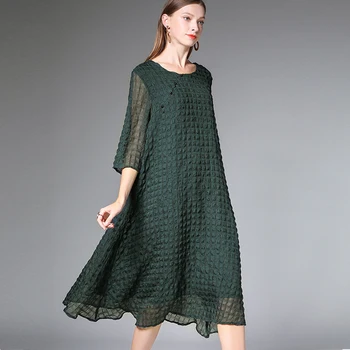 

2019Summer women elegant long chiffon dress Plus Size 3/4 sleeves puff plaid loose female casual beach dress longos vestidoXXXXL