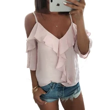 2017 women ladies summer solid half sleeve loose blouses fashion sexy off shoulder ruffles v-neck casual shirt blouses tops