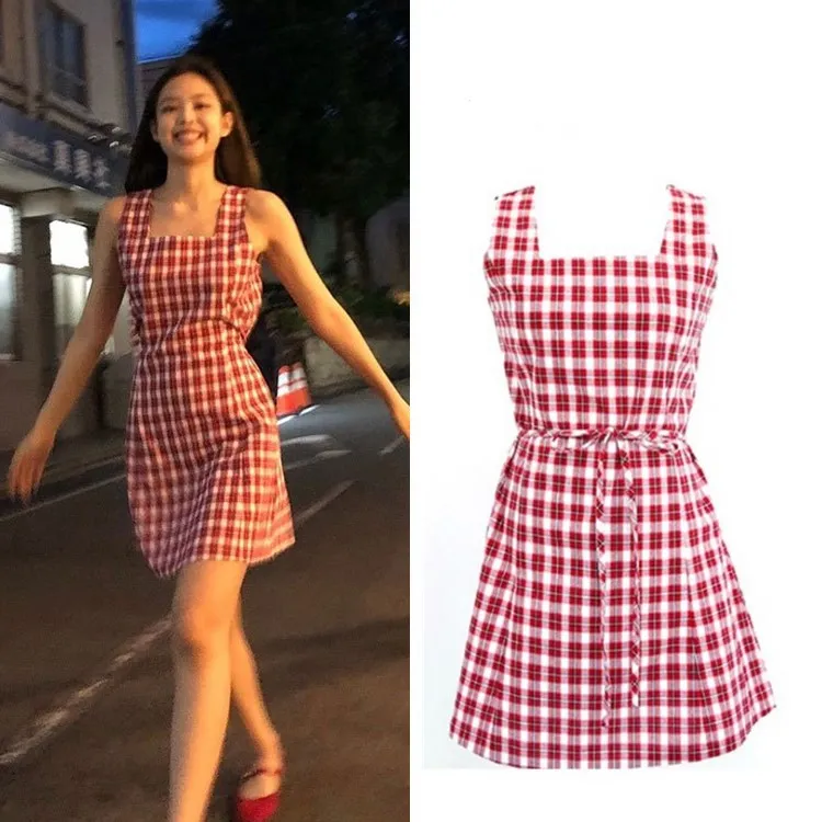 

kpop BLACKPINK JENNIE streetwear fashion red plaid summer dress women loose korean elegant dress female clothes new sexy dresses