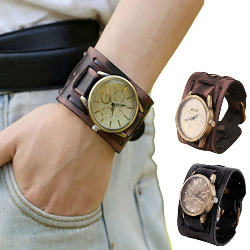 

2017 New Style Orologio Uomo Mens Retro Punk Rock Brown Big Wide PU Leather Bracelet Cuff Cool Watch Casual Quartz Waistwatch