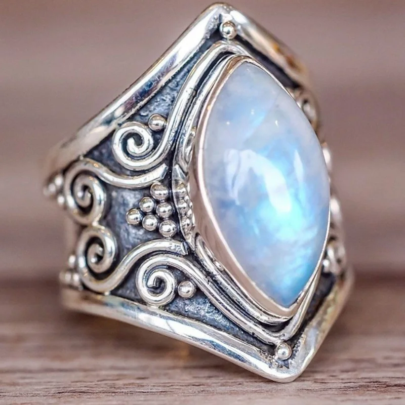 

1 Piece Hot Sale Vintage Silver Color Big Stone Ring Fashion Bohemian Boho Style Ring For Women Jewelry Gift