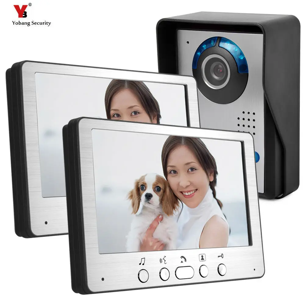 

7 inch TFT LCD Video Door Phone Visual Video Intercom Speakerphone Intercom System +2 Monitor +1 Waterproof Outdoor IR Camera