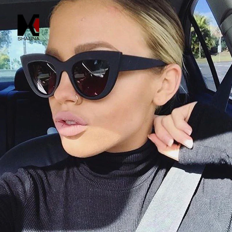 SHAUNA Classic Women Cat Eye Sunglasses Retro Ladies Black Frame Blue Reflective Lens Glasses