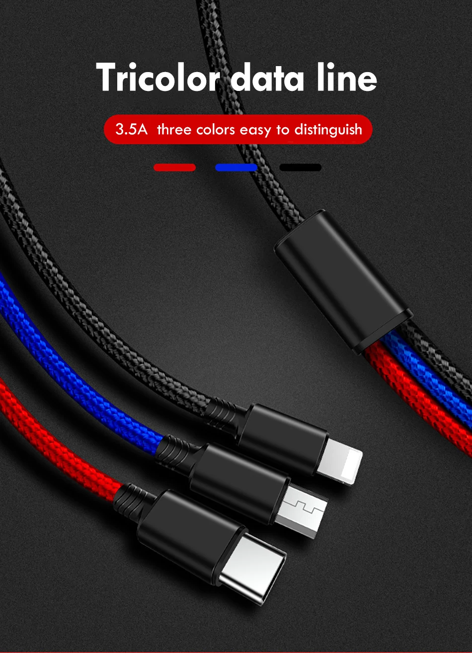 Universal 3 in 1 Lighting Charge Cable For iPhone 7 8 6 6s Plus X Micro USB Type-C For Xiaomi Samsung Long Charging Cables 1 (1)