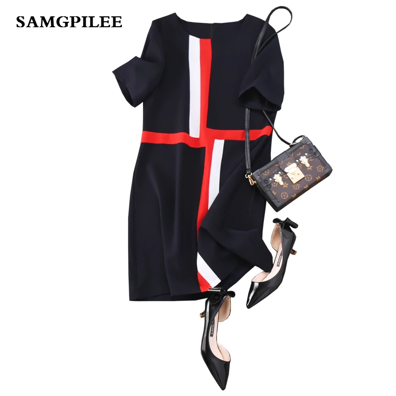 

2019 New A-line Patchwork Short Sleeve Appliques Knee-length Fashion Natural O-neck Spring Women Dress