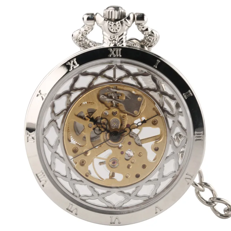 Silver Hollow Skeleton Men Women Mechanical Pocket Watch Hand Winding Fashion Retro Clock with High Quality Pendant Chain Silver Hollow Skeleton Men Women Mechanical Pocket Watch Hand Winding Fashion Retro Clock with High Quality Pendant Chain