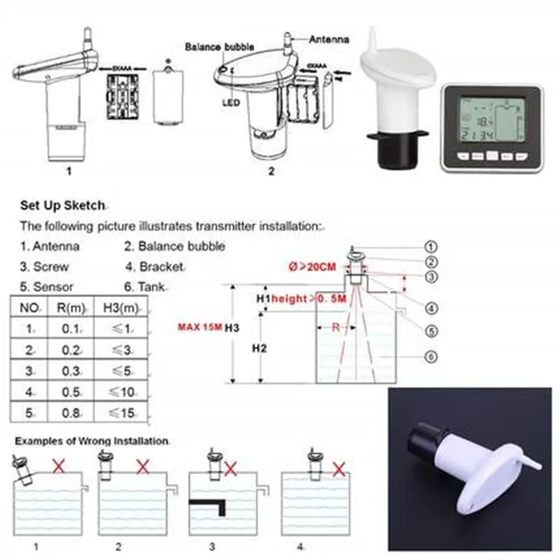 Wireless Ultrasonic Tank Liquid Level Flow Water Meter With Temperature Water Tank Transmitter Mounting Screws Measuring Tool
