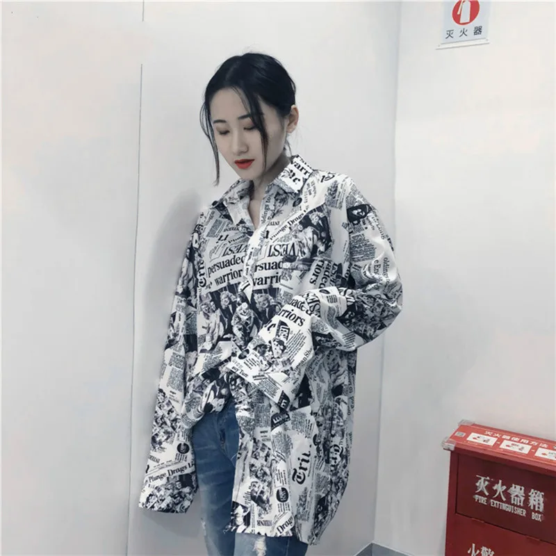 Lychee Girls Newspapers Blouse Female Long Sleeve Turn Down Collar Pocket Shirts Spring Autumn Casual Women |