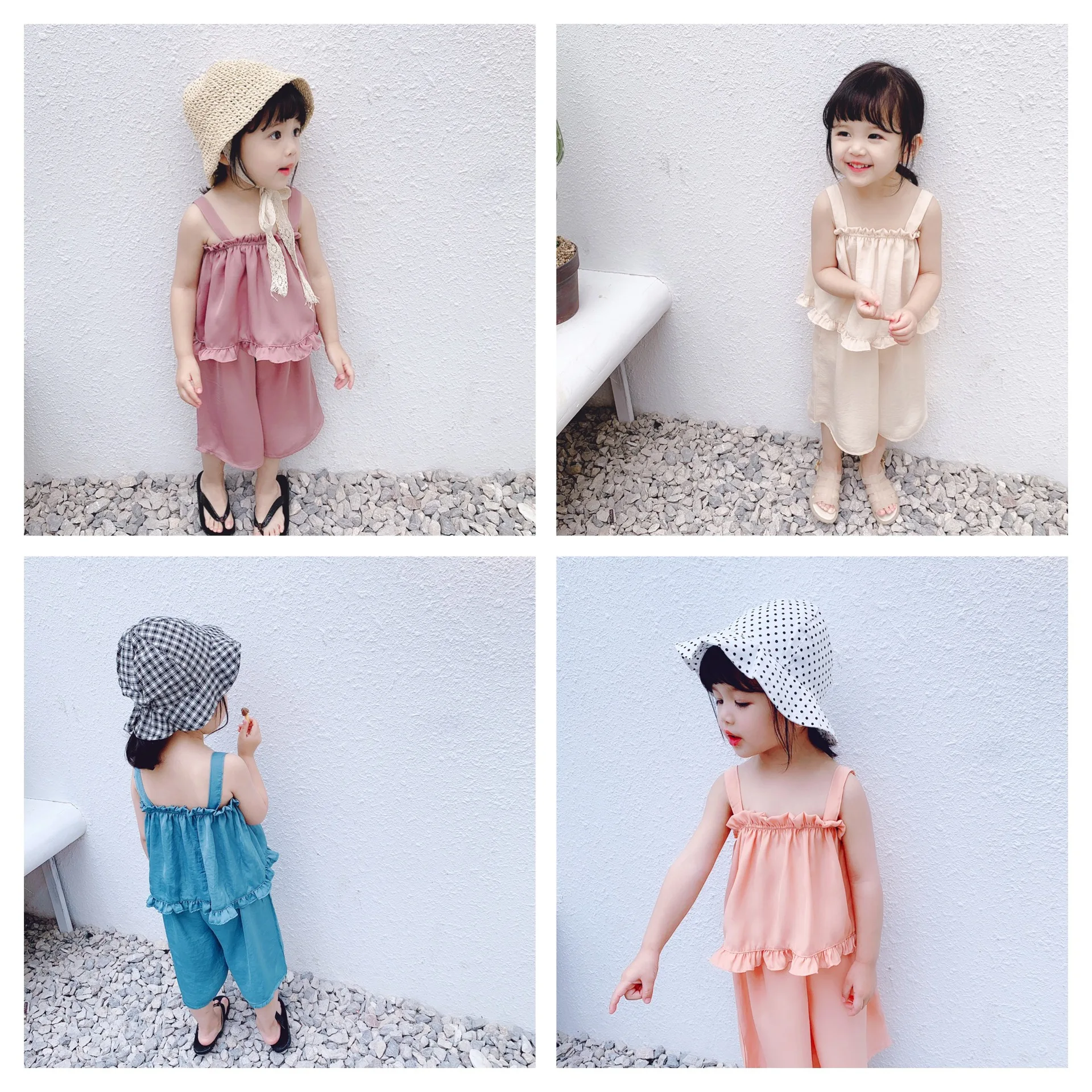 

2019 Summer New Island Silk Pure Color Girls Cool Suits Toddler Baby Sling Top with Short Pant Two Pieces Sets Little Kids Cloth