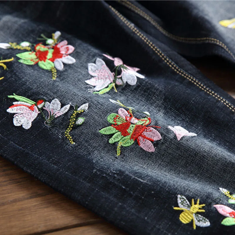 Newsosoo Fashion Hip Hop Men Embroidered Jeans Pants Slim Fit Casual Flower Printed Biker Cotton Denim Jeans Trousers Black Blue12 (2)