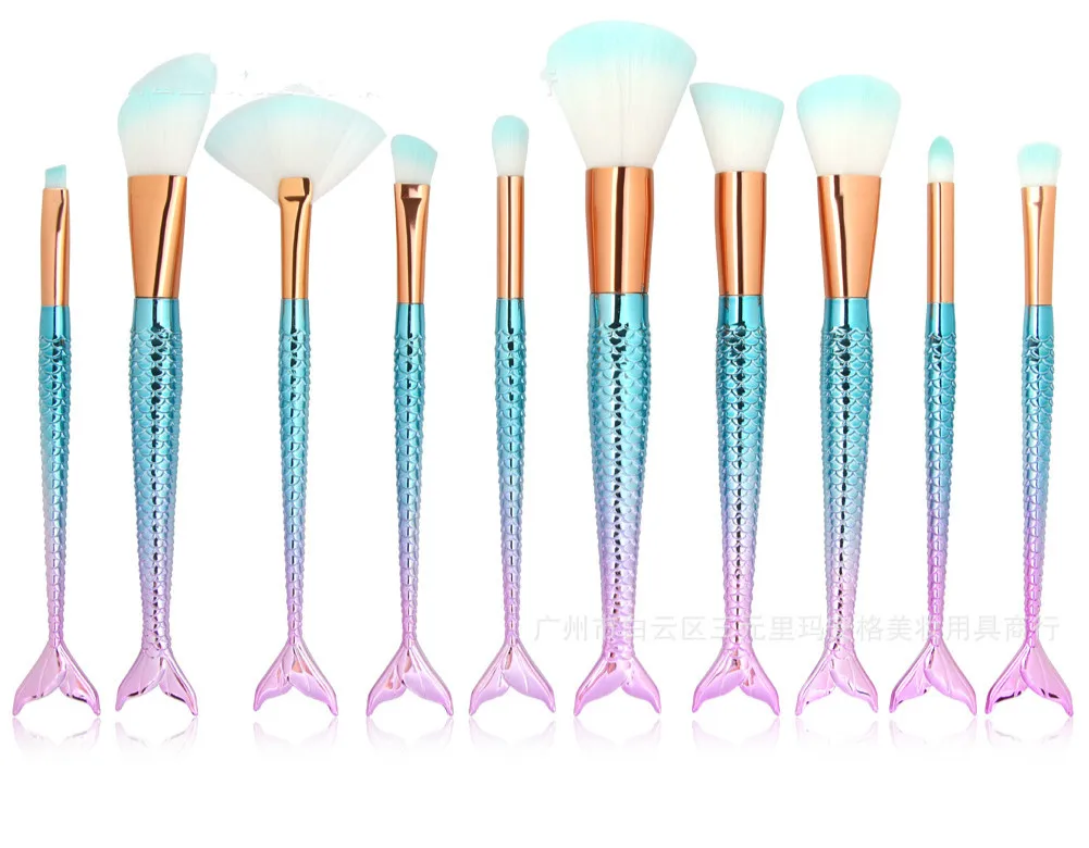 

10PCS Mermaid Makeup Brushes Foundation Eyebrow Eyeliner Blush Powder Cosmetic Concealer Professional Makeup Brushes Set