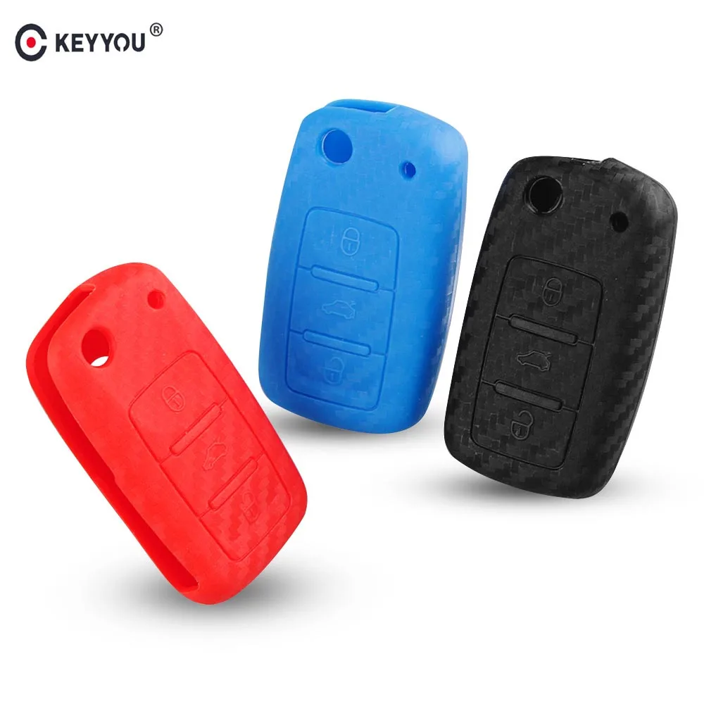 

KEYYOU Carbon Fiber Silicone Car Key Cover Case For VW Passat Polo Golf Touran Bora Ibiza Leon Octavia Fabia 3 Buttons Flip Key