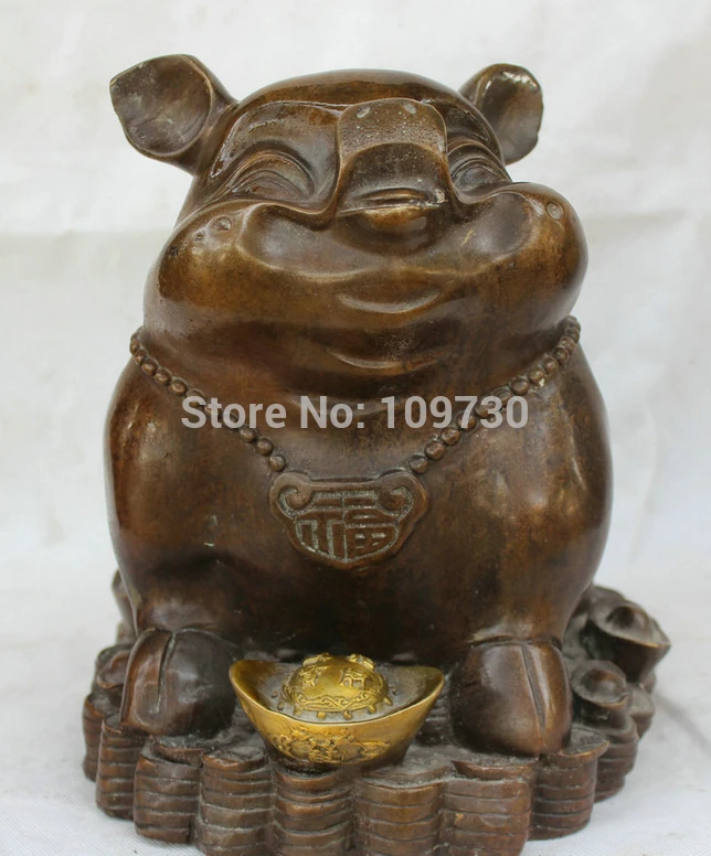 

001792 11' Chinese Fengshui Bronze Gilt Zodiac Year Pig Fu Yuanbao Money Coin Statue