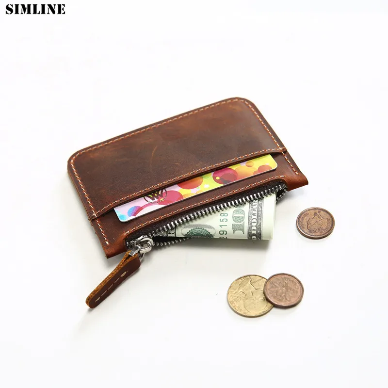 

Crazy Horse Genuine Leather Coin Purse Card Holder Men Vintage Handmade Short Slim Zipper Wallet Money Bag Change Pocket Male