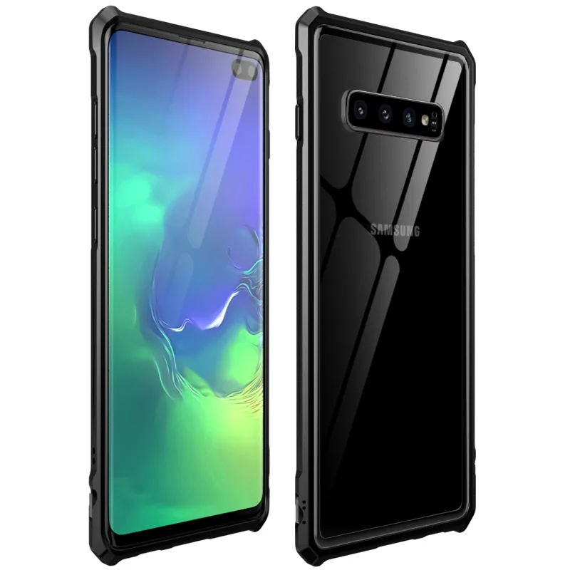 Алюминиевый металлический чехол с пластиковой пряжкой для samsung Galaxy S10 S10e S10 Plus Note 10 Plus 10+ гибридное прозрачное закаленное стекло - Цвет: Black