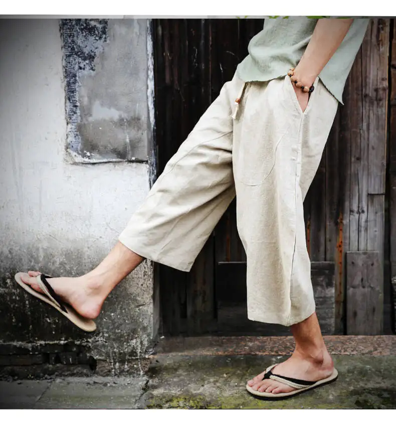 Men Pants Men's Wide Crotch Harem Pants Loose Large Cropped Trousers Wide-legged Bloomers Chinese Style Flaxen Baggy Pants