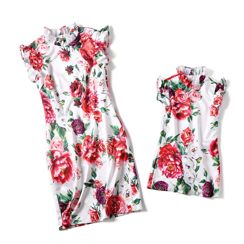 

Fashion Mother&daughter Cheongsam 2018summer Floral Baby Girls Dress Children Princess Clothing Retro Style High Quality