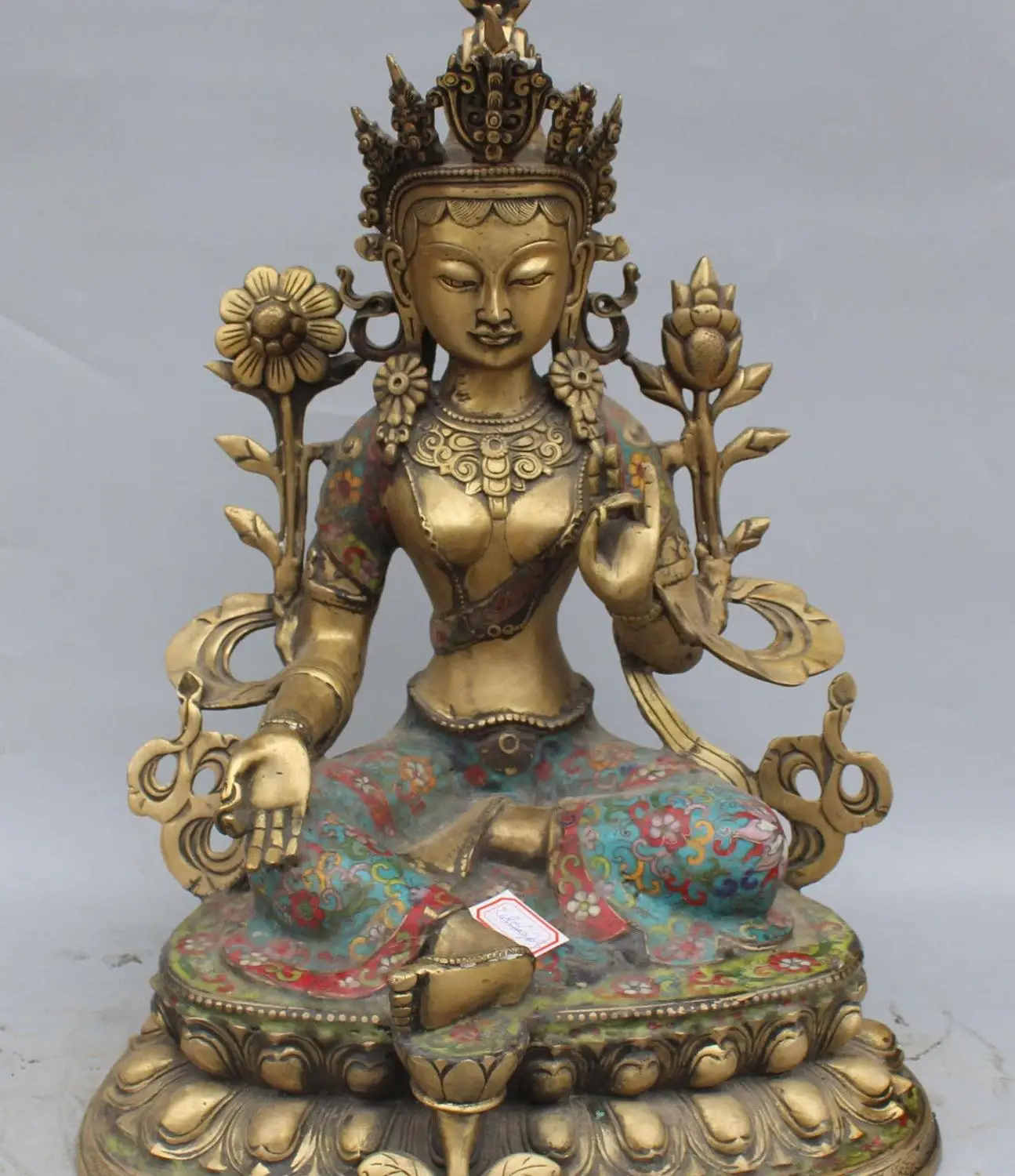 

19" Tibet Buddhism Cloisonne Enamel Gilt Seat Green Tara On Lotus Buddha Statue