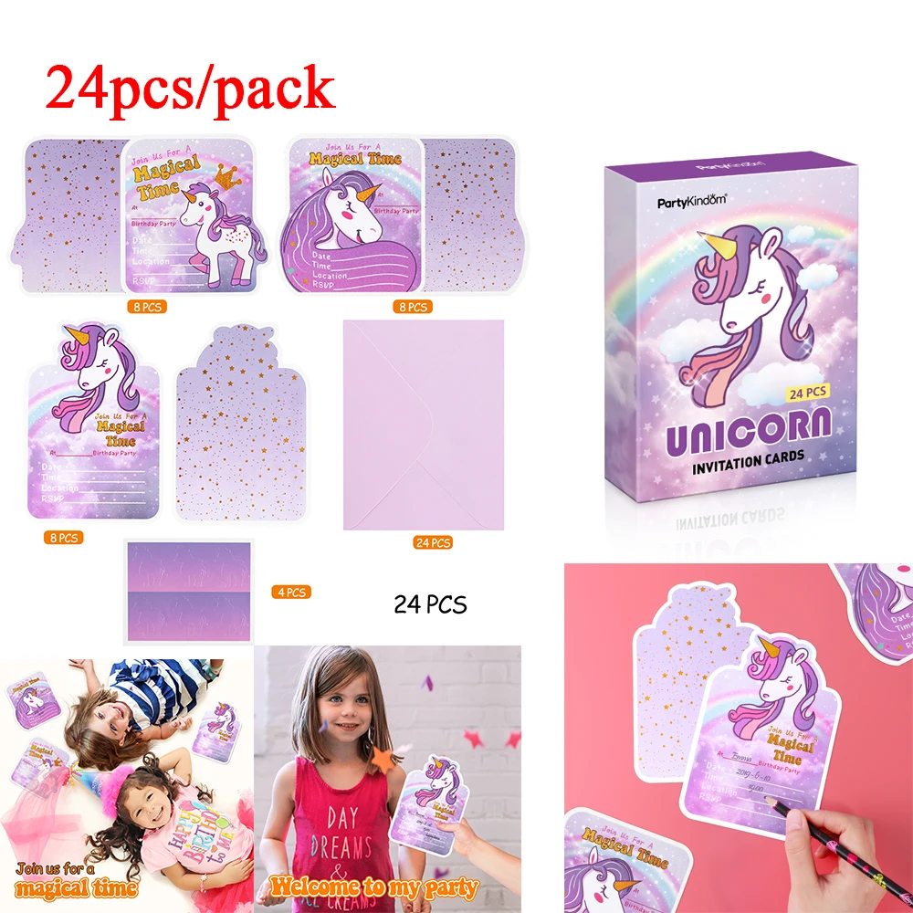 

24pcs Unicorn Party Invitation Cards With 24 Pcs Envelopes And 24 Pcs Stickers Cute Cartoon Invitation Card Birthday Party Kids