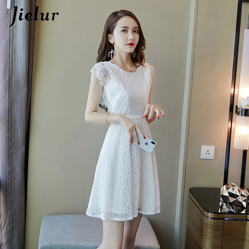 Jielur, белое летнее платье, новинка, корейская мода, о-образный вырез, кружевное платье для женщин, S-XL, хорошее качество, милое, изящное, элегантное, vestidos mujer