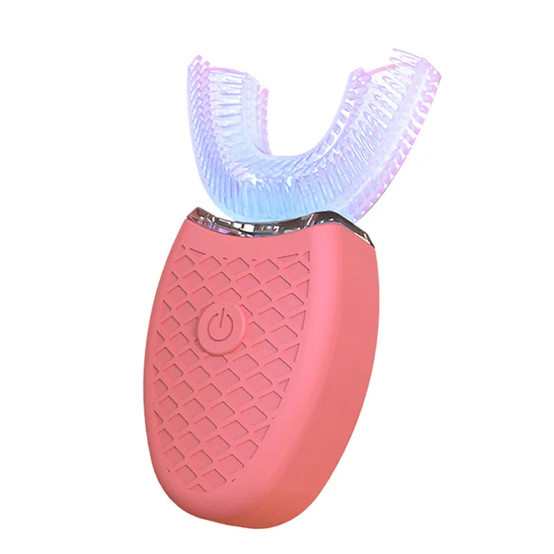 360 градусов U Тип автоматическая электрическая зубная щетка высокая частота ультразвуковая Вибрация синий светильник отбелить зубы силиконовая щетка он - Цвет: Red