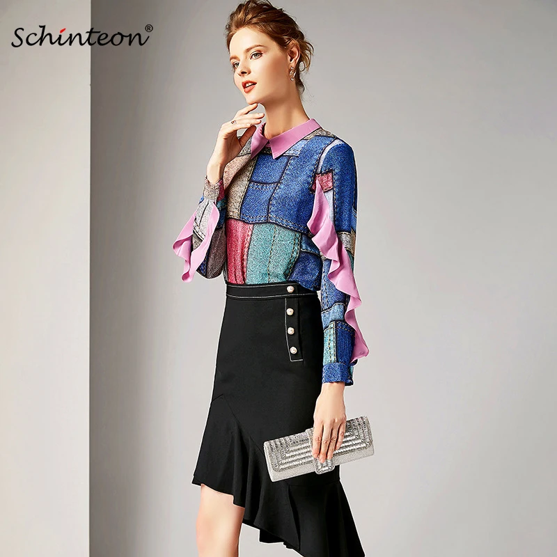 

2019 Schinteon 100% Real Silk Blouse Women Fashion Spring Turn-Down Collar Pullover Shirt Ruffles Patchwork High Quality