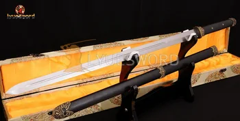 

LYUESWORD TRADITIONAL CHINESE JIAN SWORD HIGH QUALITY FOLDED STEEL RAZOR SHARP BLADE HAND CARVED BLACK WOOD SAYA BRASS FITTING