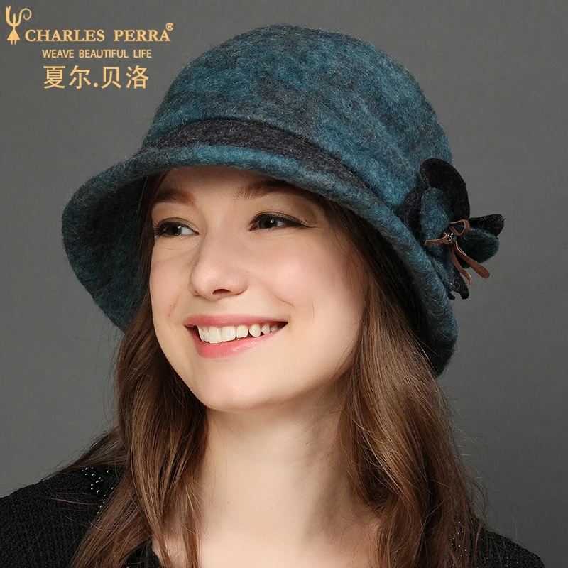 Charles Perra осенне-зимняя женская шапка, новая модная кепка s, Повседневная Элегантная Дамская маленькая шапка-ведро, теплая шерстяная Кепка 4235