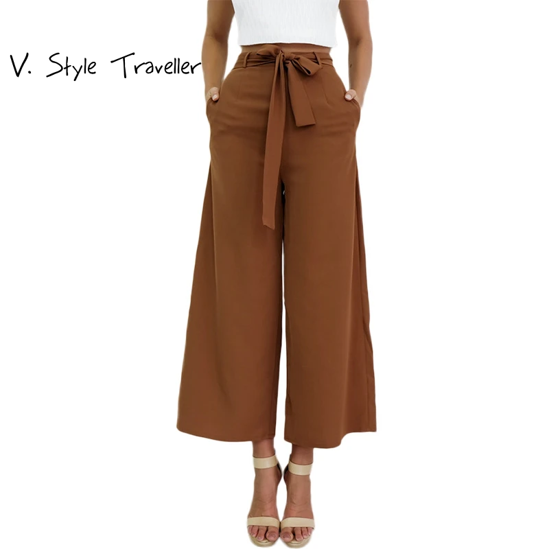 Black Wide Leg Pants High Waist Capris Fashion Sash Sexy Mono combinaison pantalon femme Bow Skirt Brief Work Wear Boho Trousers