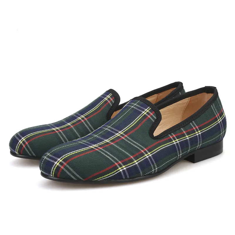 

New Hamdmade Men's Casual Shoes Loafers Breathable Leather Fashion Shoes Checks Plaid Flat E87