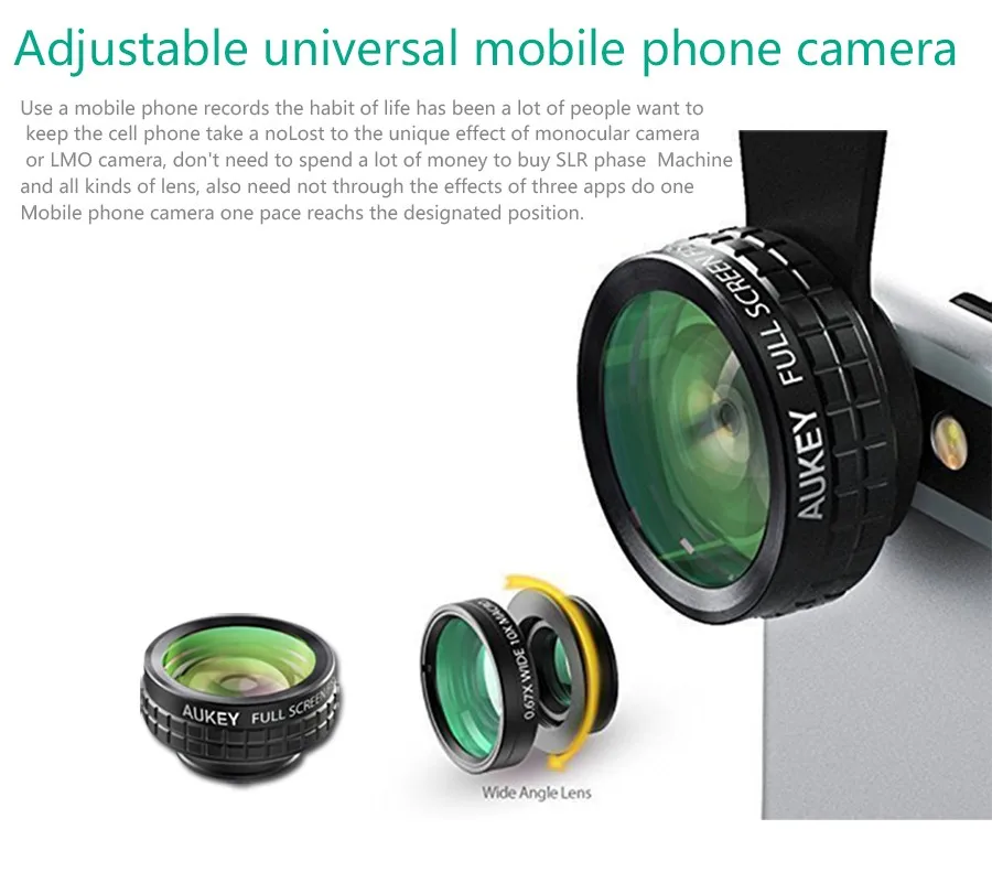 AUKEY Mini Clip on Optic Cell Phone Camera Lens Kit 180 Degree Fisheye Lens 110 Degree