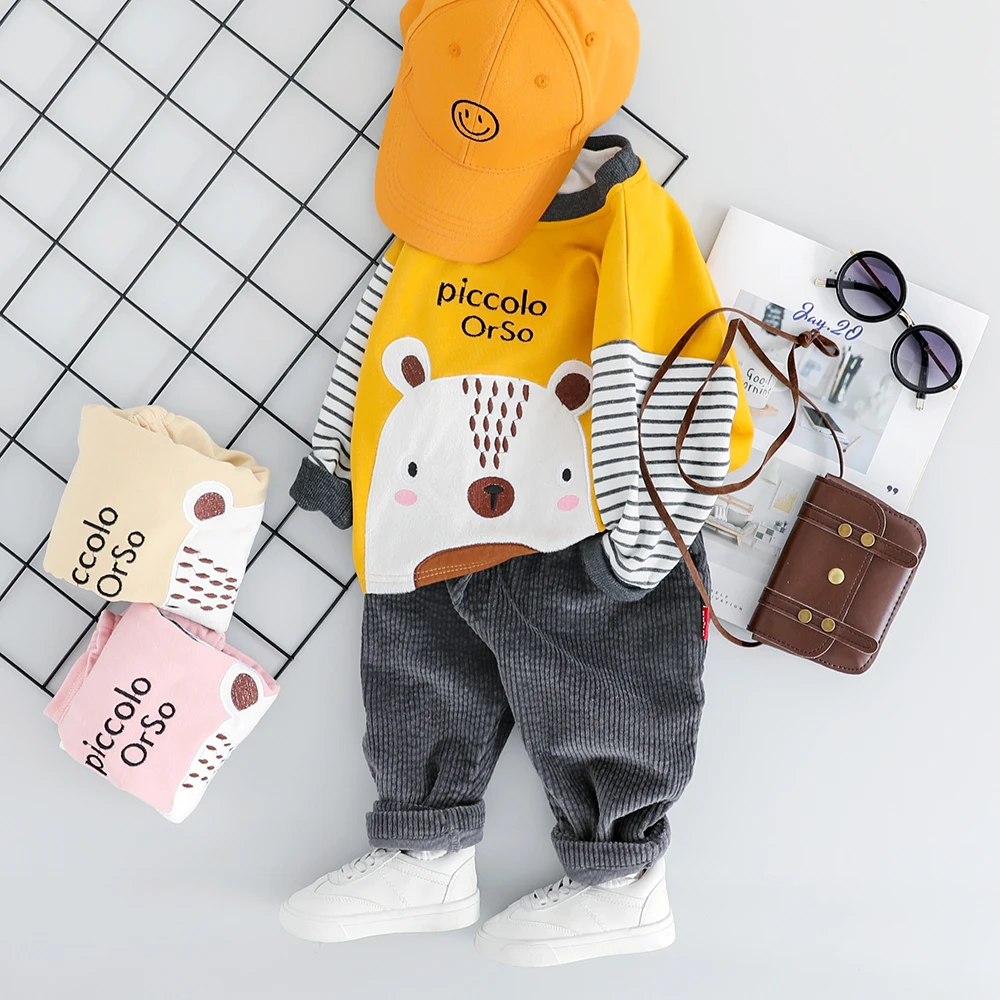 Осенние комплекты одежды для малышей комплекты одежды для маленьких мальчиков и девочек футболка в полоску с медведем и штаны Детский костюм - Цвет: Цвет: желтый