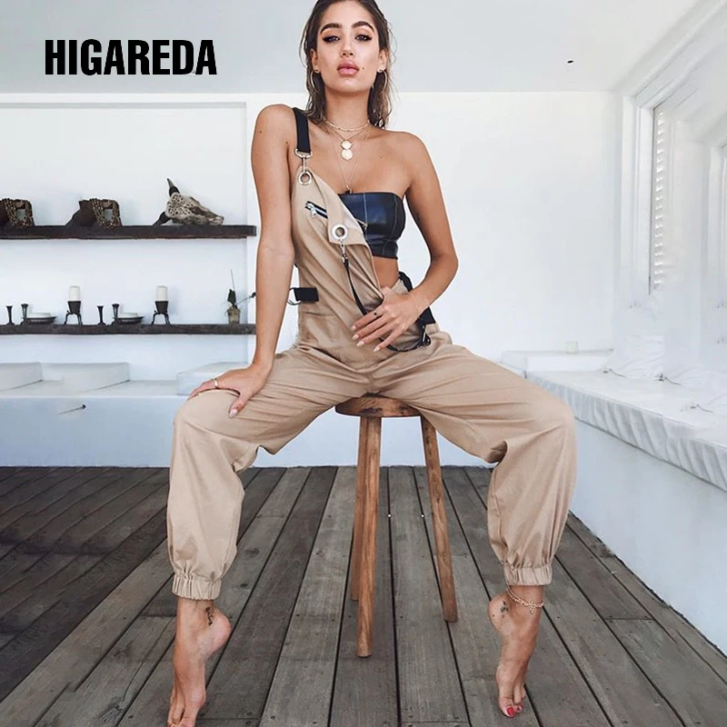 

Khaki Rompers Womens Jumpsuit Long Elegant Zipper Pockets Sleevlesee Adjusted Strap High Waist Cotton Fashion Summer