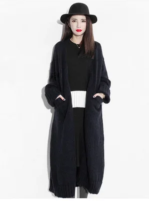 15 Женский кашемировый кардиган пальто ультра длинный абзац выше колена свободный свитер Женская шерстяная верхняя одежда - Цвет: Черный