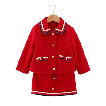 Fashion children autumn winter clothing set 2-8year kids girl wool clothes set coat +skirt 2pieces baby set suits outfits 3