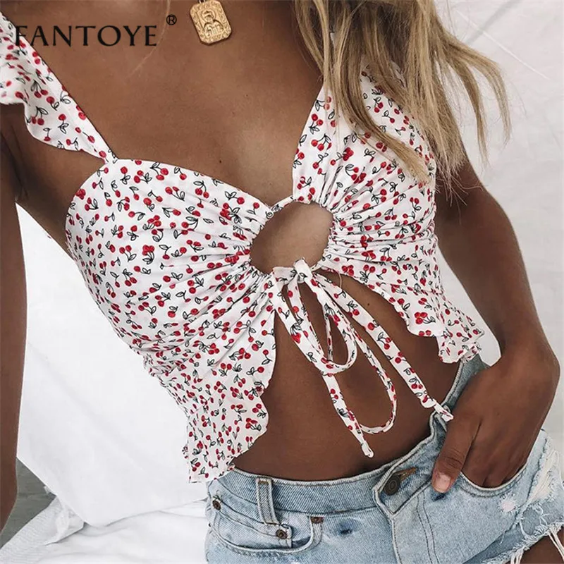 Fantoye 2019 المطبوعة المحاصيل أعلى النساء الصيف الدانتيل يصل تانك القمم قصيرة كامي كشكش السباغيتي الأشرطة الجوف خارج الشارع الشهير تيز كاميس