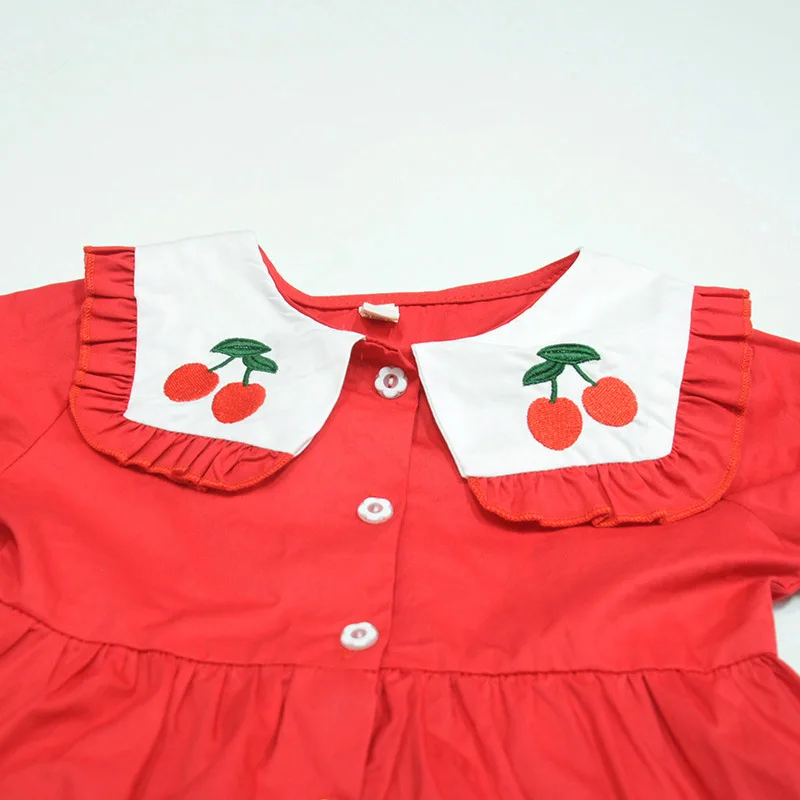 2019 Crianças Roupas Meninas Coreanas Vestido Navy Vento Lapela Vestido Cereja