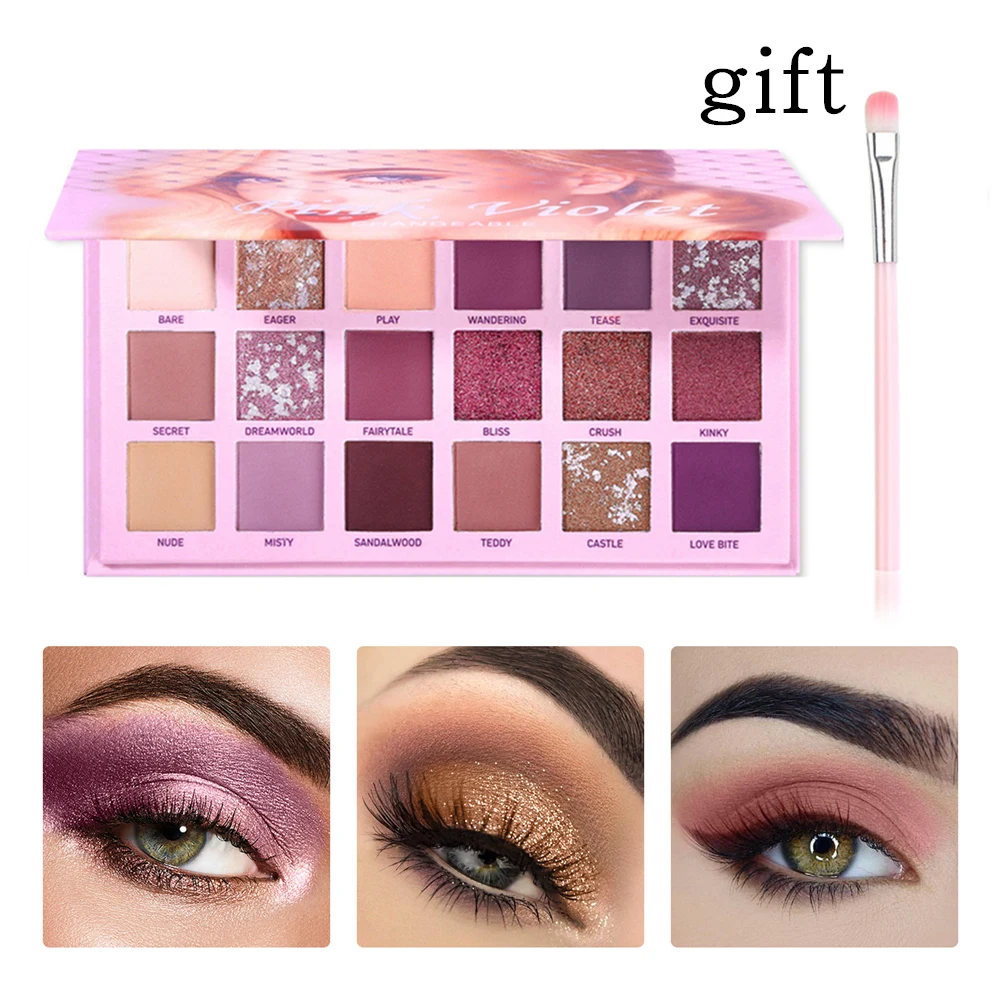 

Pink Violet Nude Eye Shadow Palette 18 Color Eyeshadow with Brush Shimmer Matte Glitter Waterproof Makeup Pallete